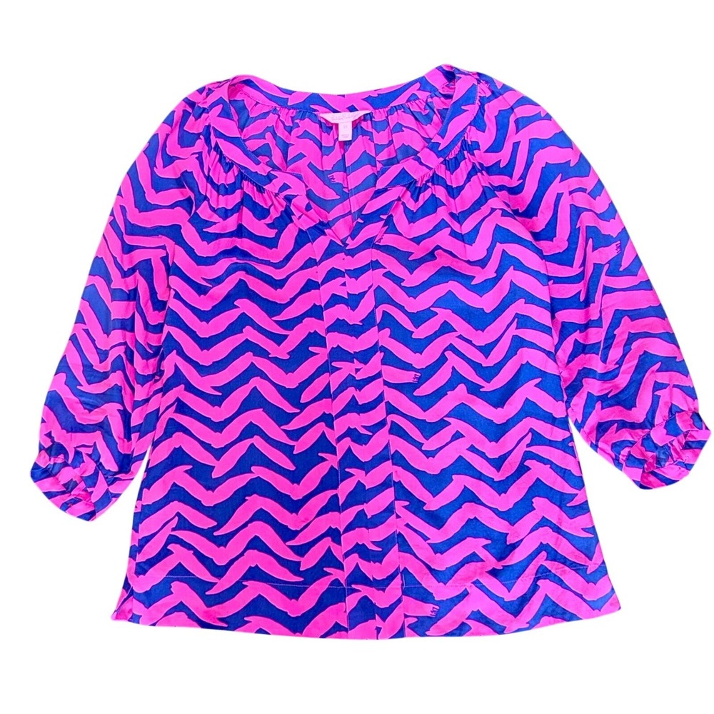Lilly Pulitzer Elsa Silk Blouse Pink Navy Blue Abstract Chevron Top Womens XS